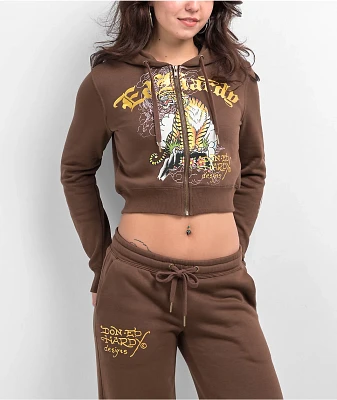 Ed Hardy Tiger Mountain Cocoa Crop Zip Hoodie