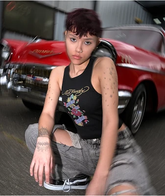 Ed Hardy True Love Black Ribbed Crop Tank Top