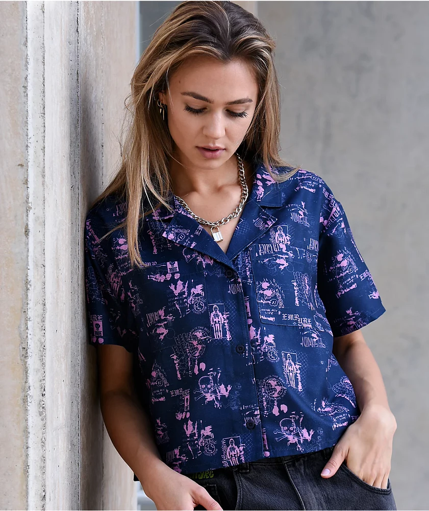 Empyre Kidd Mix Print Blue & Pink Crop Button Up Shirt
