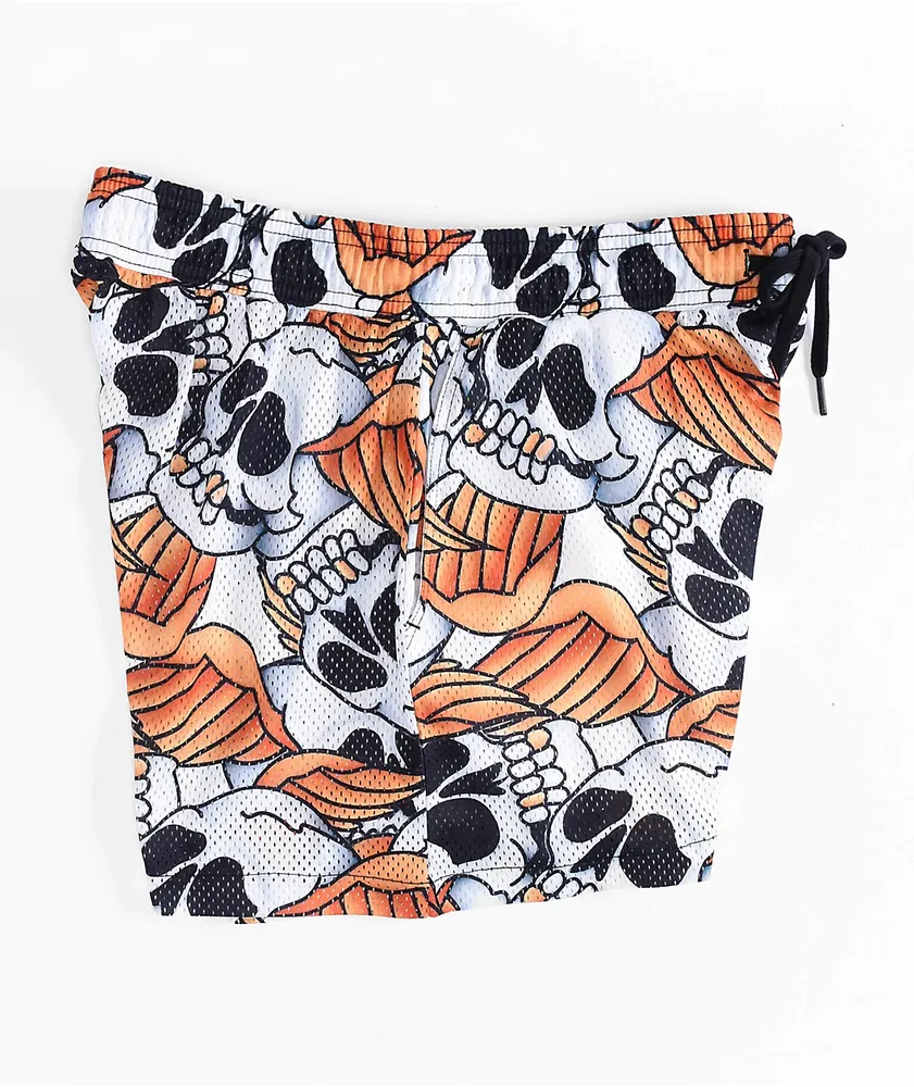 Empyre Skull Print Orange Mesh Shorts