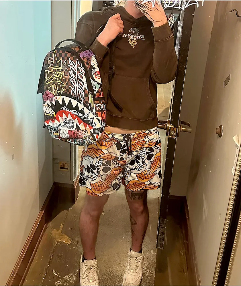 Empyre Skull Print Orange Mesh Shorts