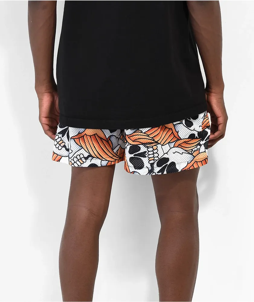 Empyre Skull Print Orange Mesh Shorts