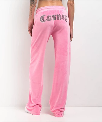 FB County Rhinestone Pink Velour Track Pants
