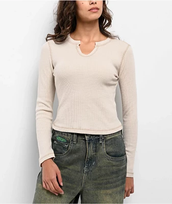 Freeworld Thora Silver Birch Notch Thermal Long Sleeve Crop T-Shirt