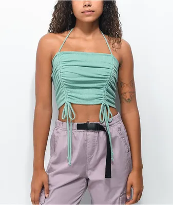 Lunachix Side Ruched Green Halter Tank Top