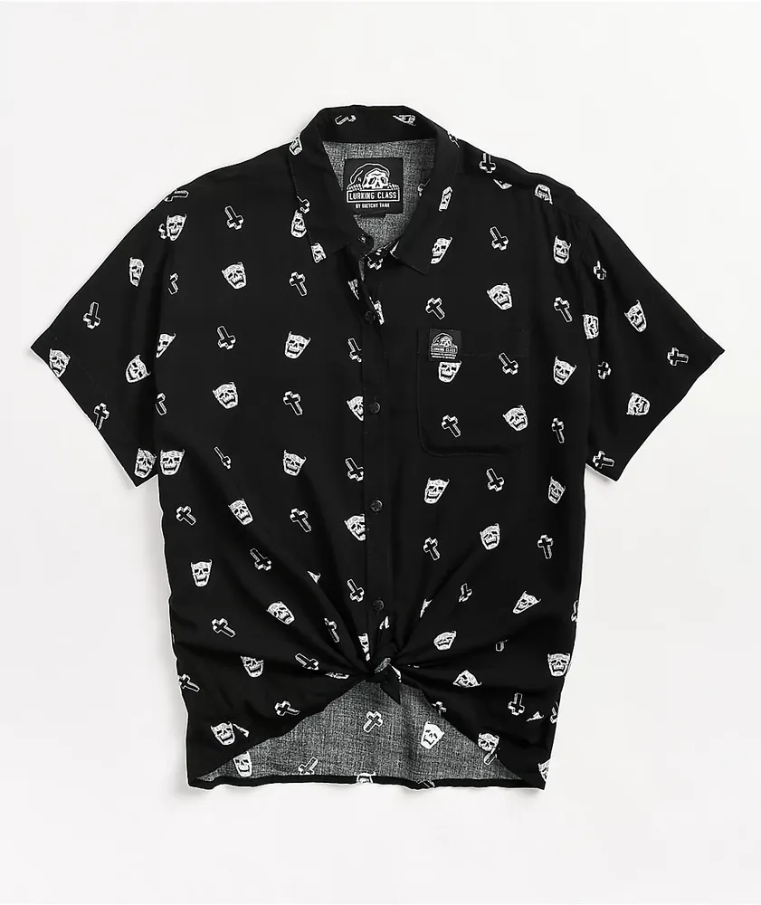 Lurking Class by Sketchy Tank Cry Print Black Short Sleeve Button Up Shirt