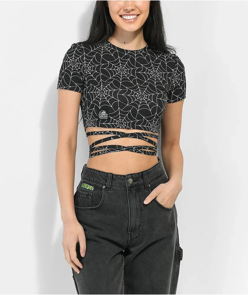 Lurking Class by Sketchy Tank Spiderweb Black Wrap Around Crop Shirt