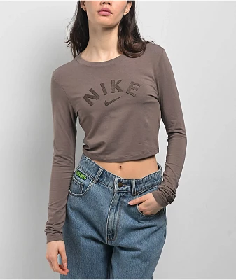 Nike Sportswear Chill Knit Brown Long Sleeve Crop T-Shirt