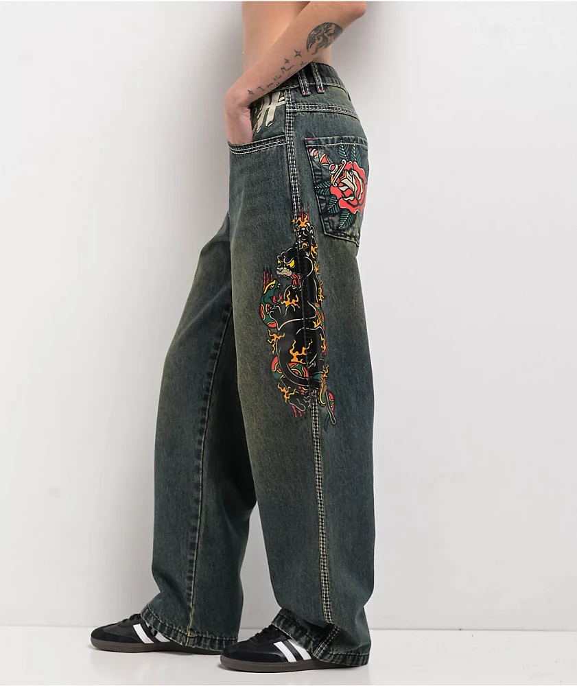 Ninth Hall Idle Envy Cougar Snake Dark Blue Wash Straight Leg Jeans