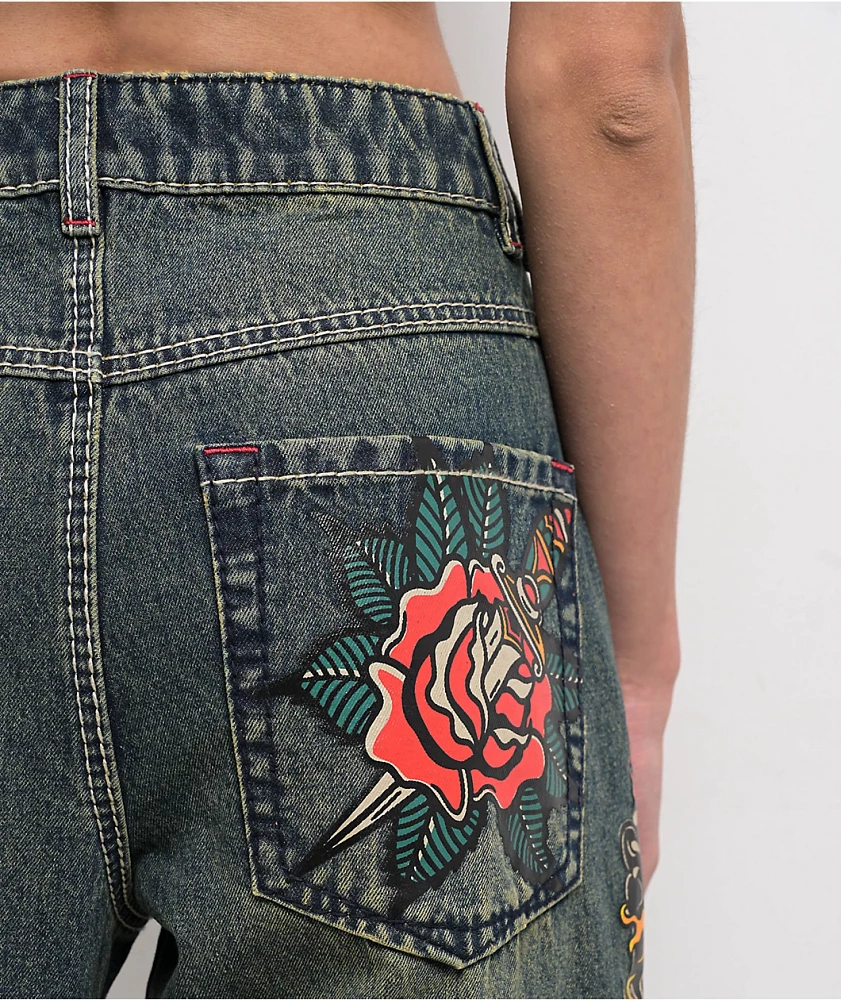 Ninth Hall Idle Envy Cougar Snake Dark Blue Wash Straight Leg Jeans