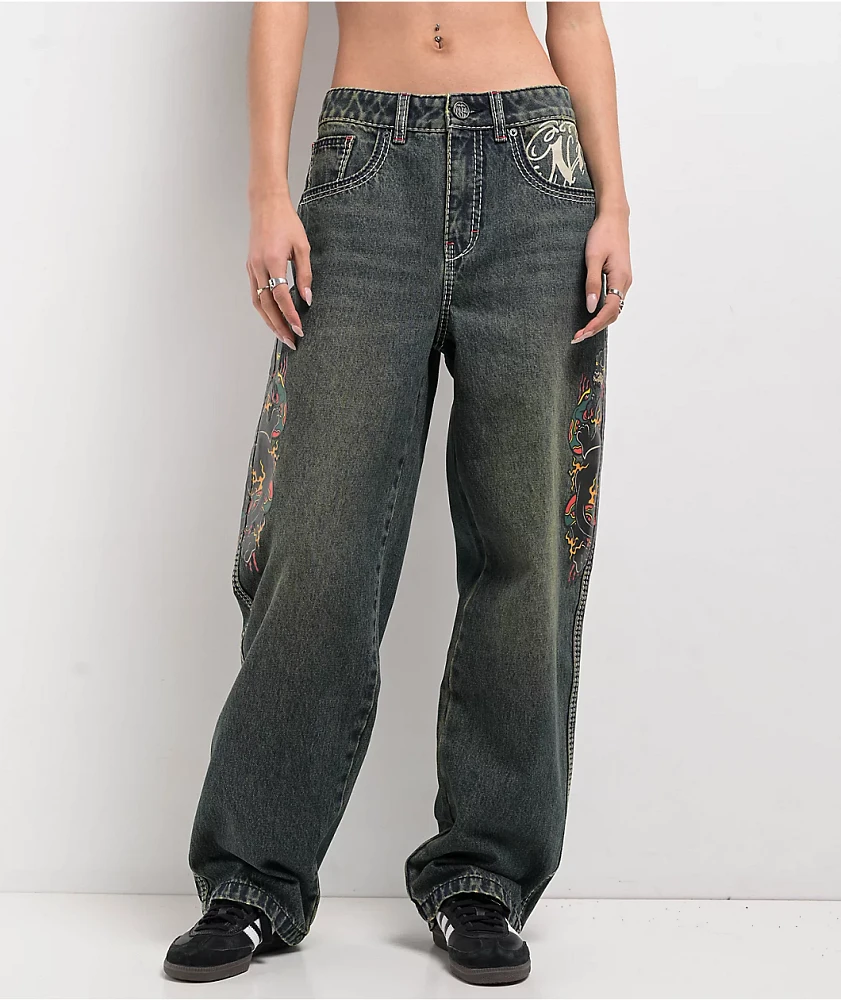 Ninth Hall Idle Envy Cougar Snake Dark Blue Wash Straight Leg Jeans