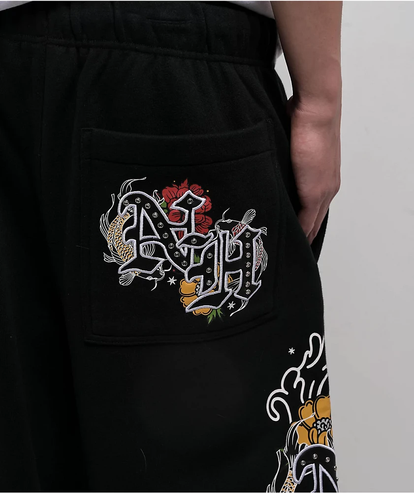 Ninth Hall Side Embroidered Black Oversized Sweatpants
