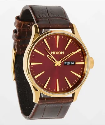 Nixon Sentry Gold, Oxblood Sunray & Brown Gator Leather Analog Watch