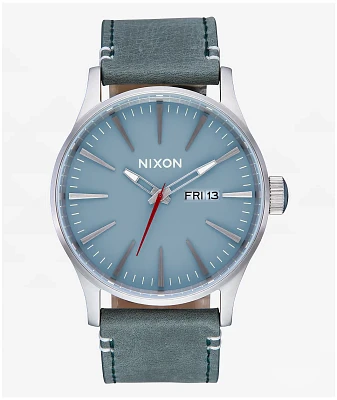 Nixon Sentry Leather, Silver & Dusty Blue Analog Watch