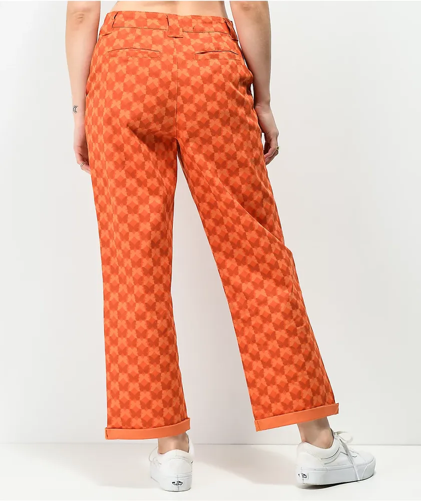 Petals and Peacocks Butterfly Checkered Orange Work Pants