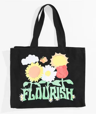 Petals and Peacocks Flourish Black Tote Bag