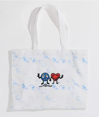 Petals and Peacocks Peace & Love Blue Tie Dye Tote Bag