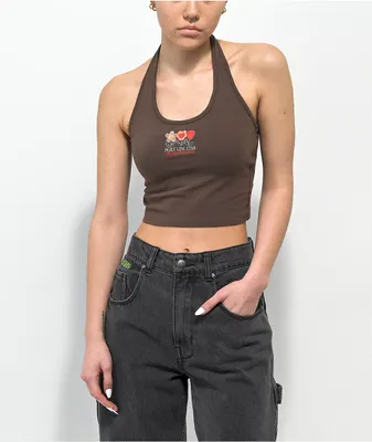 Petals by Petals and Peacocks Peace Love Club Brown Halter Top