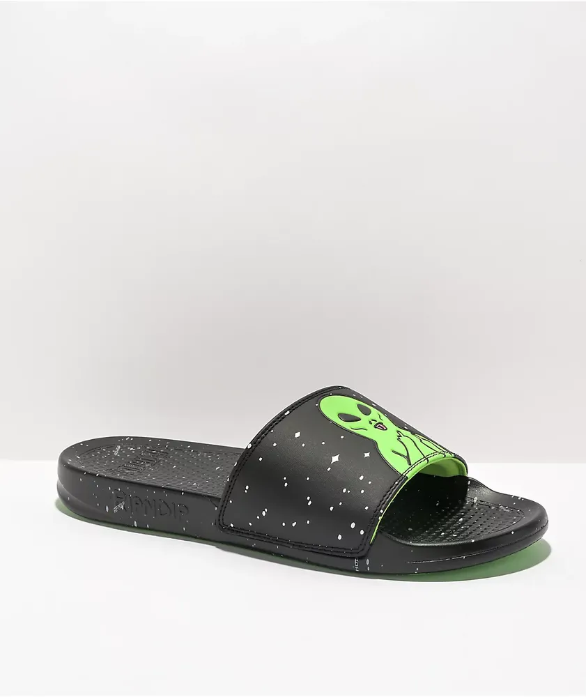 RIPNDIP We Out Here Black & Neon Green Slide Sandals