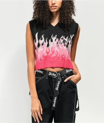 Ragged Priest Burnout Flame Black & Pink Crop Sweater Vest