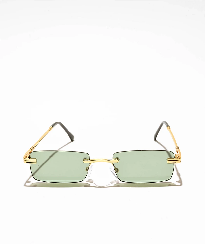 Rimless Braid Green & Gold Rectangle Sunglasses