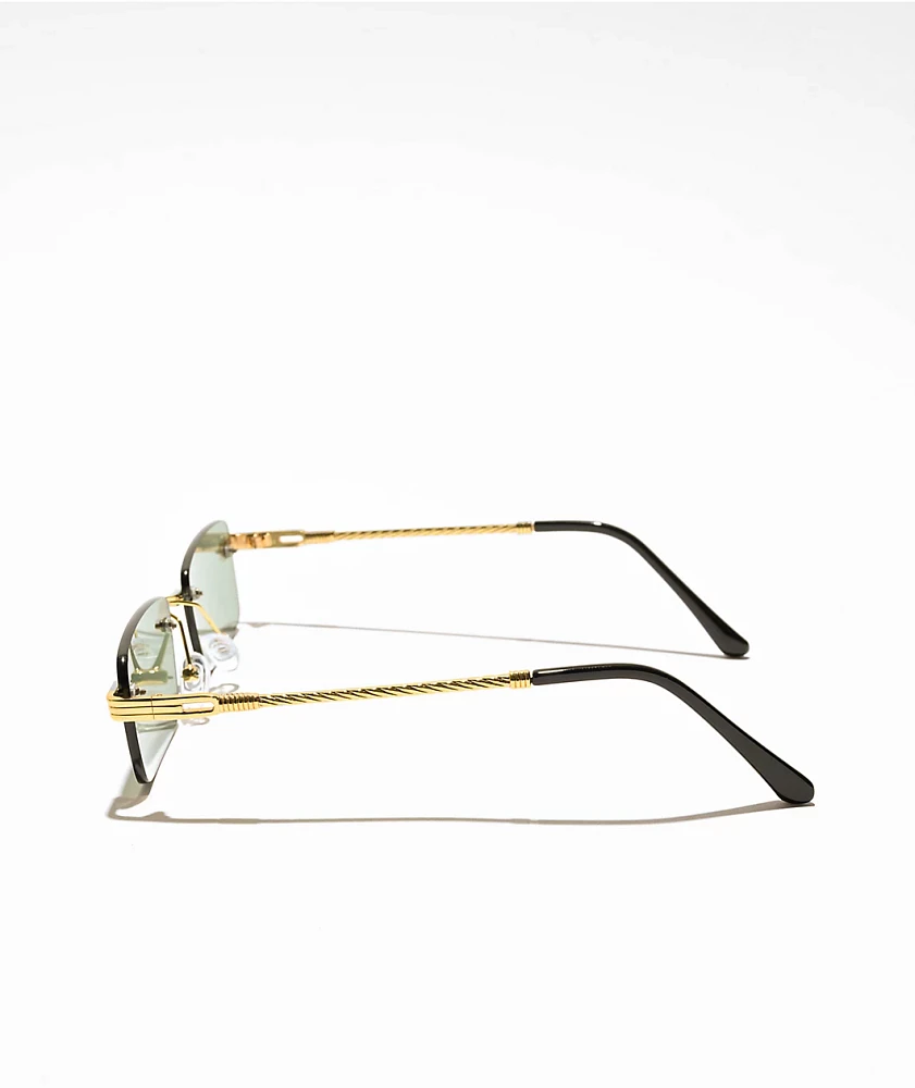 Rimless Braid Green & Gold Rectangle Sunglasses