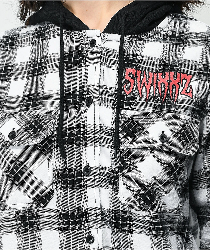 SWIXXZ Chrome Skeleton Plaid Black & White Hooded Flannel Shirt