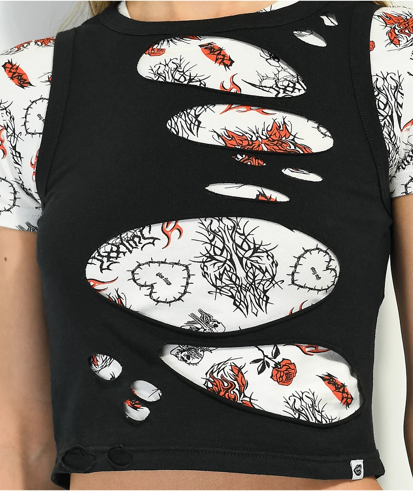 SWIXXZ Slashed Black & White Stacked Crop Top