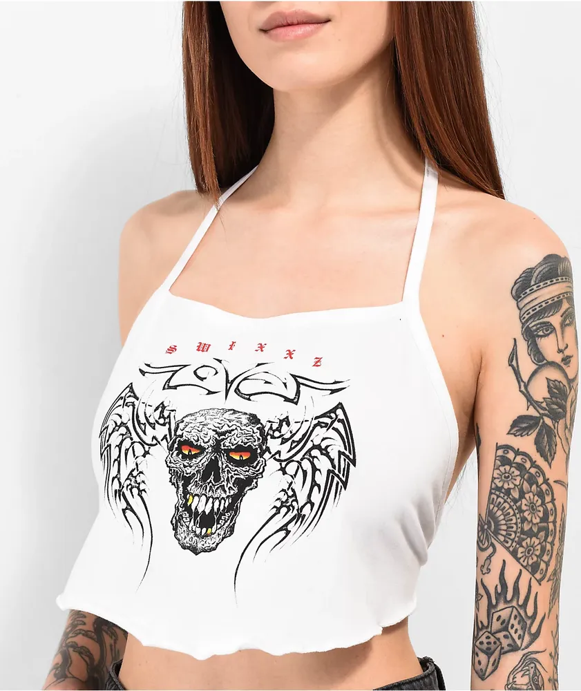 SWIXXZ Wing Skull White Halter Top