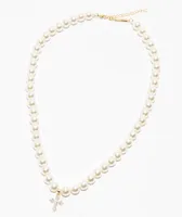 Saint Midas Pearl Chain 18" Diamond Cross Necklace
