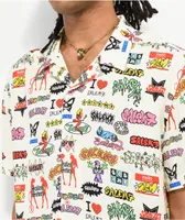 Salem7 Sticker Natural Short Sleeve Button Up Shirt