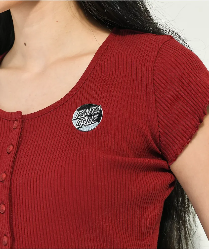 Santa Cruz Blocker Dot Sangria Button Front Crop Top