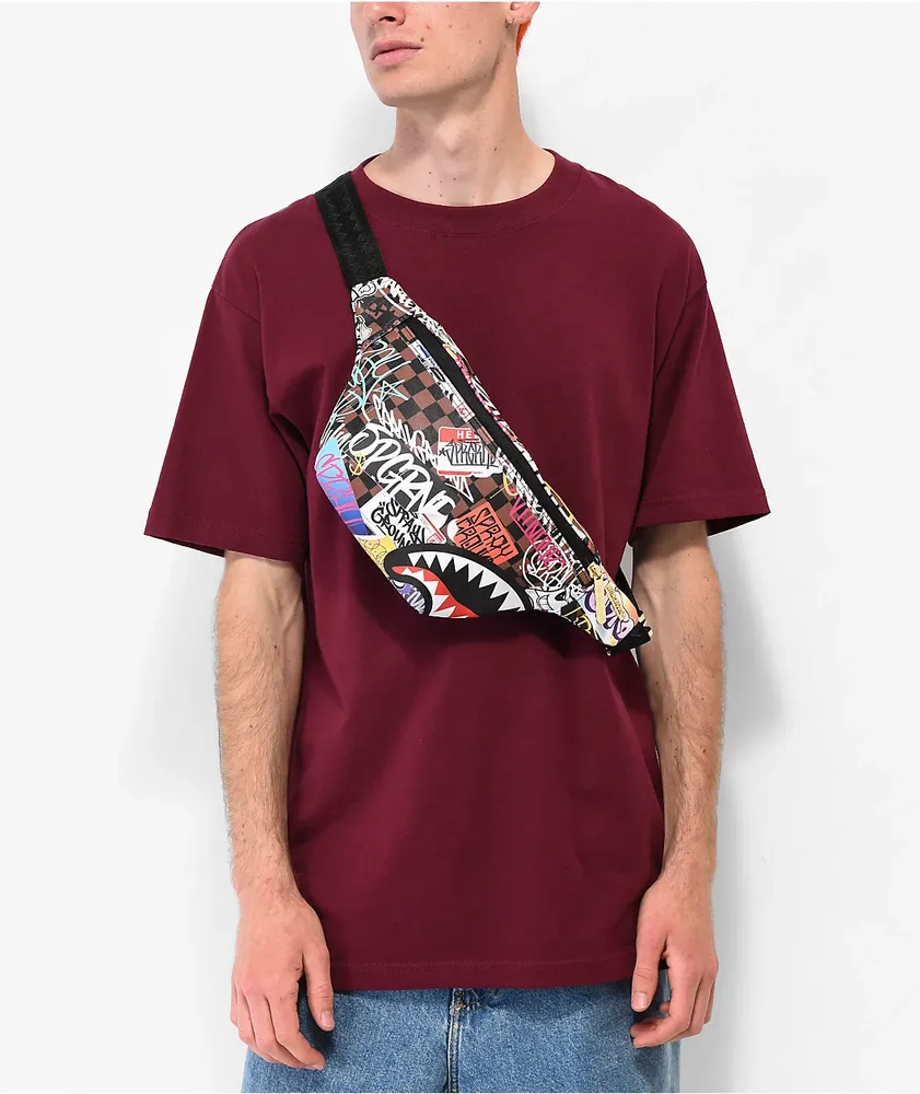 Sprayground Tagged Up Sharks In Paris Brown Checkered Fanny Pack