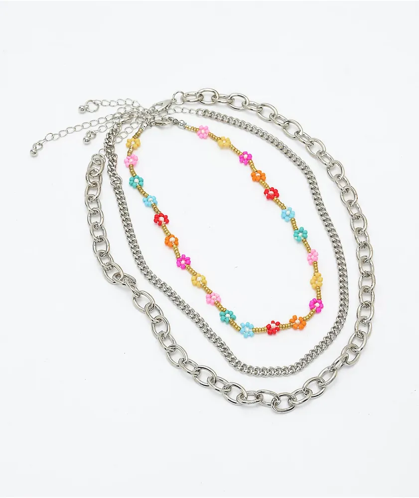 Stone + Locket 18" Beaded Flower & Chain Necklace