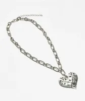 Stone + Locket Spiked Heart 16" Silver Necklace