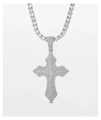 The Gold Gods Diamond Royal Cross 20" White Gold Tennis Chain Necklace