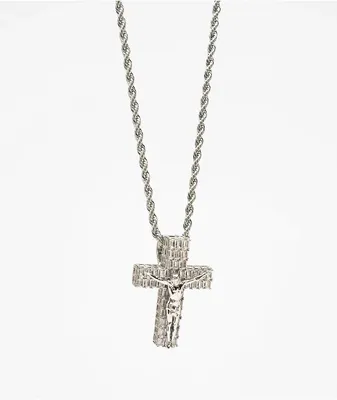 The Gold Gods Flooded Crucifix 22" White Gold Rope Chain Necklace
