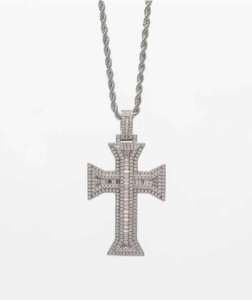 The Gold Gods Kings Diamond Cross 22" Rope Chain White Gold Necklace