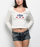 True Religion Applique Winter White Long Sleeve Crop T-Shirt