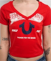 True Religion Horseshoe V-Neck Scarlet Crop T-Shirt