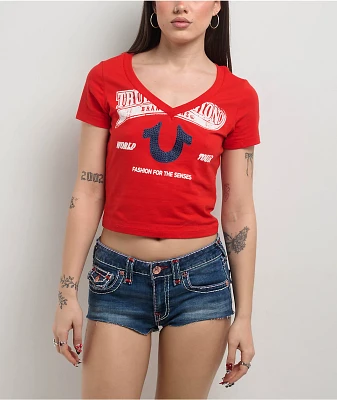True Religion Horseshoe V-Neck Scarlet Crop T-Shirt