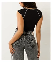 True Religion World Tour Notch Black Ribbed Crop T-Shirt