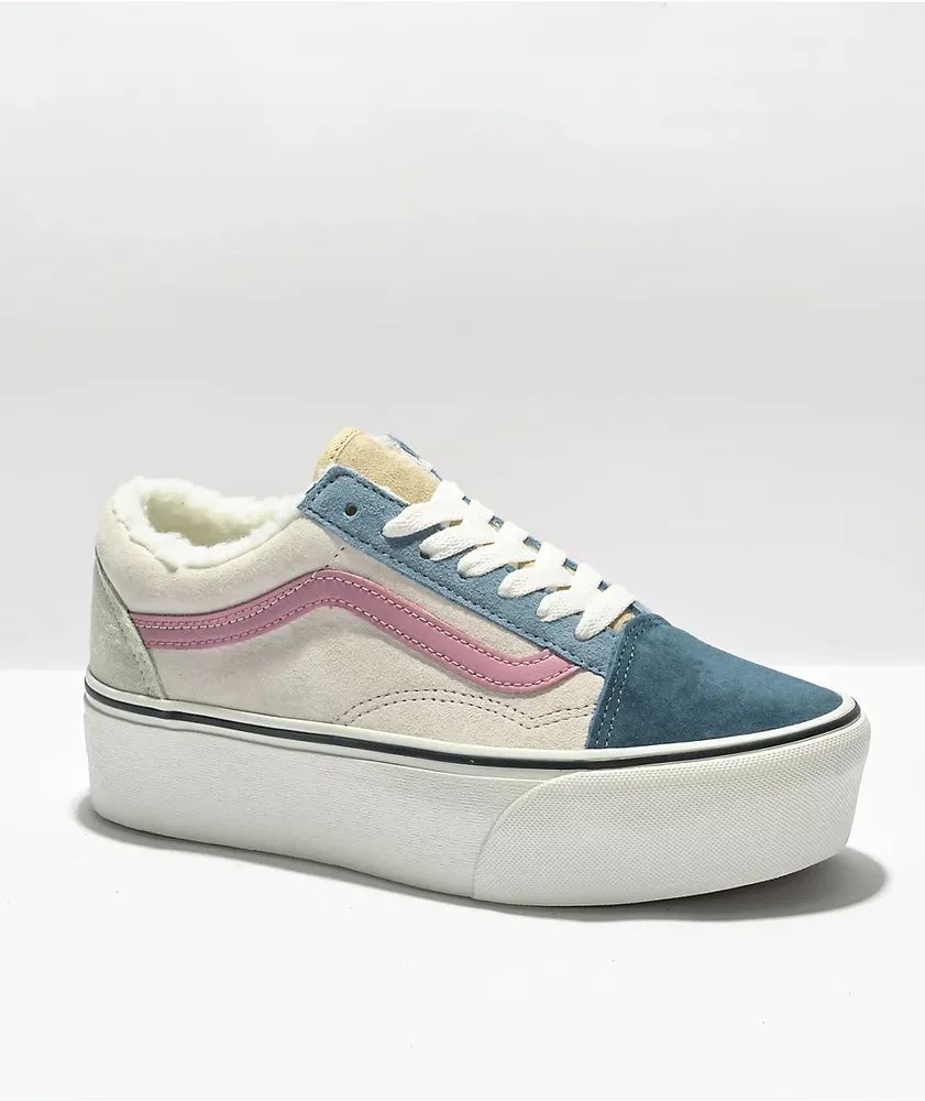 Vans Old Skool Stackform Blue & Pink Sherpa Platform Shoes