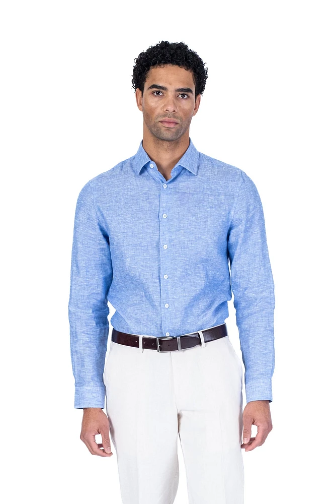 Long-Sleeve Linen / Cotton Sport Shirt - Blue