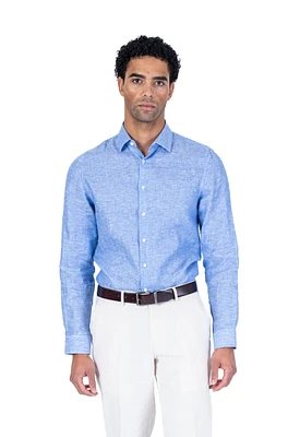 Long-Sleeve Linen / Cotton Sport Shirt - Blue