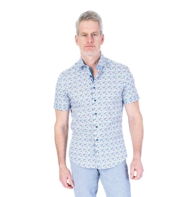 Cotton Stretch Floral Print Short-Sleeve Sport Shirt - Blue / Pink
