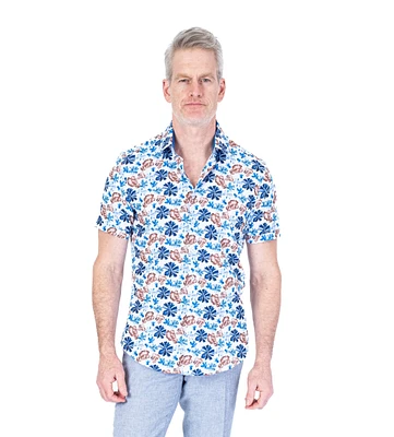 Cotton Stretch Leaf Print Short-Sleeve Sport Shirt - Blue / Brown