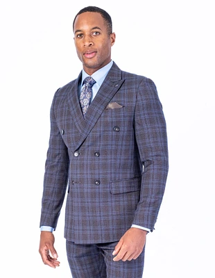 Double-Breasted Modern Slim Fit Check Suit - Brown