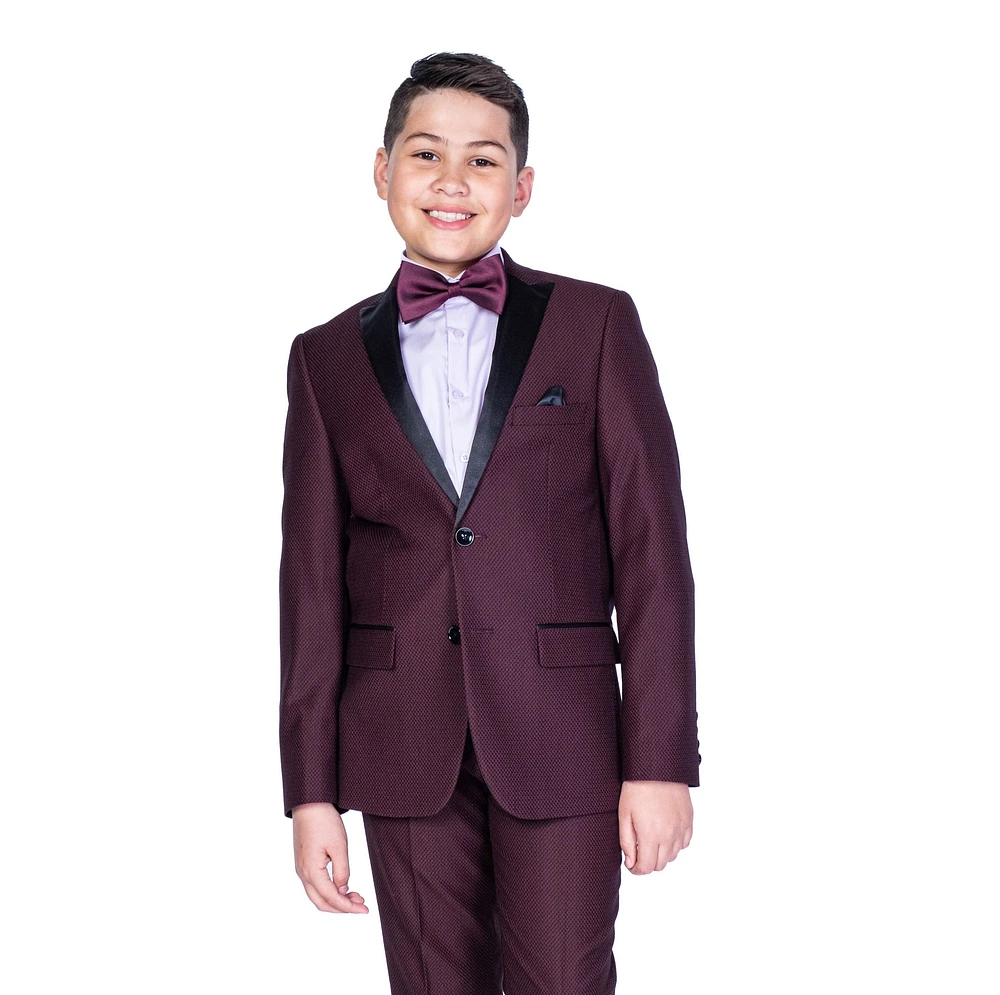 Boys Diamond Textured Tuxedo - Burgundy