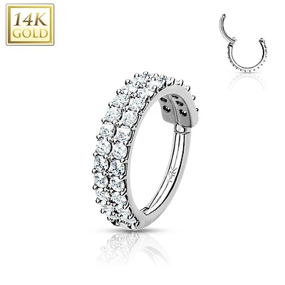 14KT Solid White Gold 2 Row White CZ Ear Cartilage Hinged Clicker Hoop